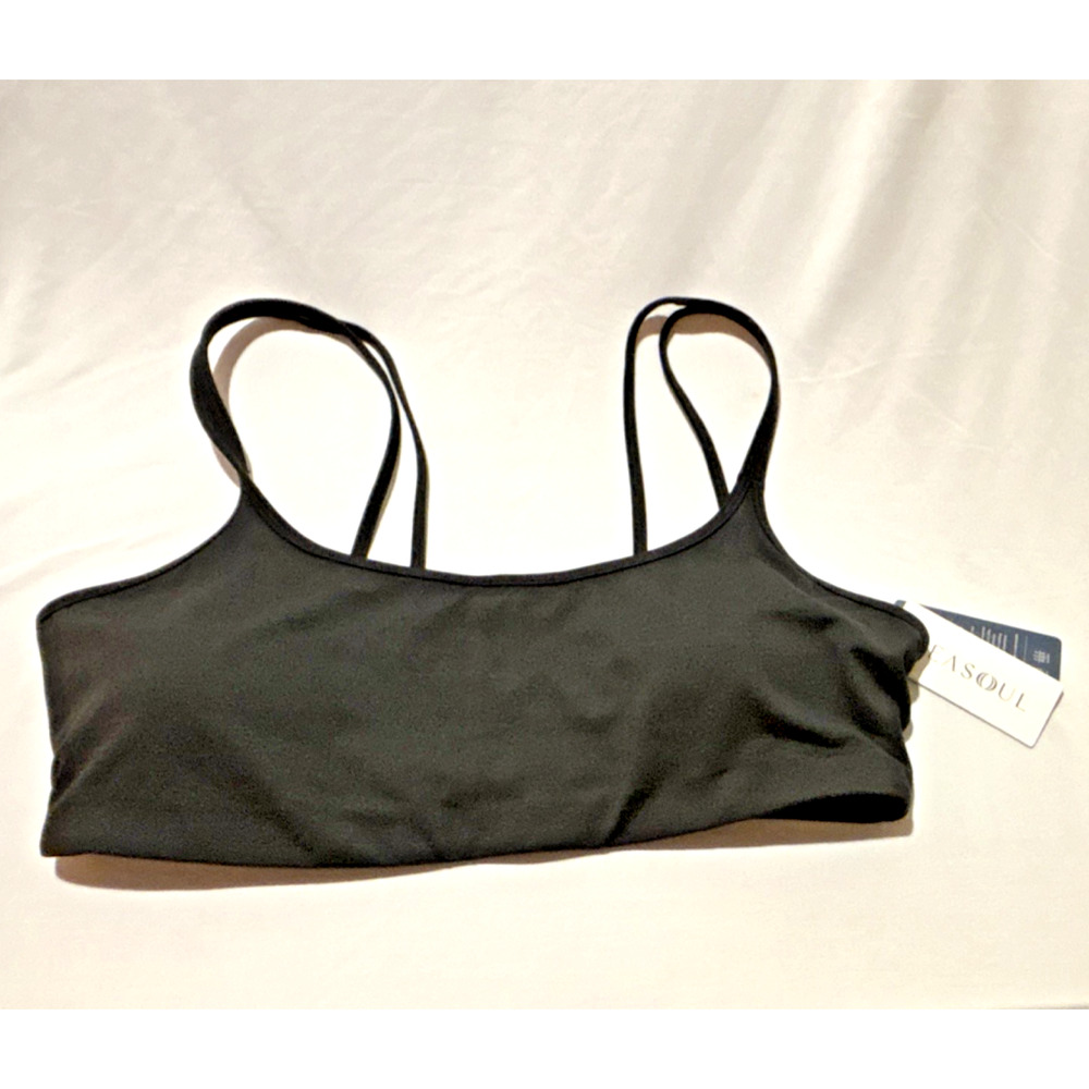 EASOUL Wireless Pullover Crossback Sports Bra Solid Black Logo Accent XL